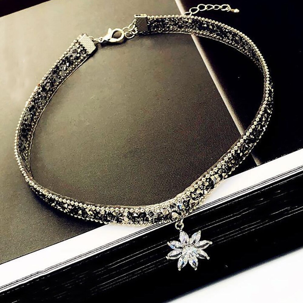 Moda cristal gelo flor pingente colar ajustável chique punk glitter gargantilha metal corrente para jóias femininas: Default Title