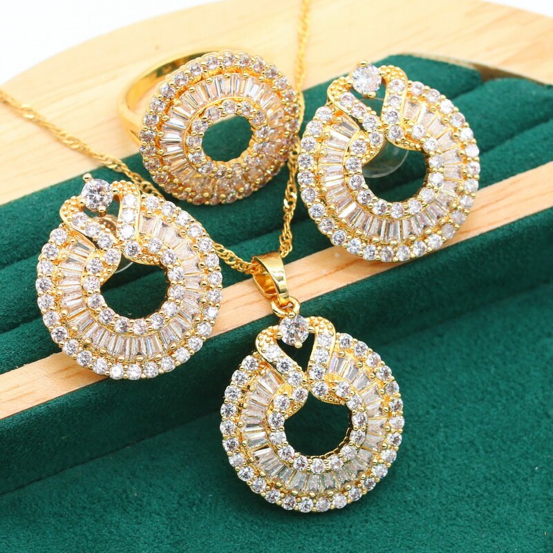 Neuheiten Gold Farbe Schmuck setzt Für Frauen Weiß Blau Schwarz Kristall Ohrringe Halskette Anhänger Ring Weihnachten 3Stck: Weiß / 7