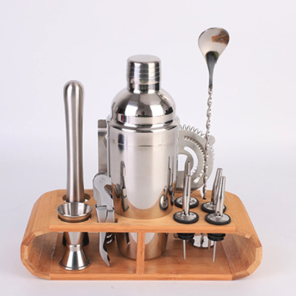 12 Stks/set Rvs Cocktail Shaker Set Met Ovale Houten Stand Base Bar Shaker Drink Mixer Set Bar Tool Voor thuis Bar Party