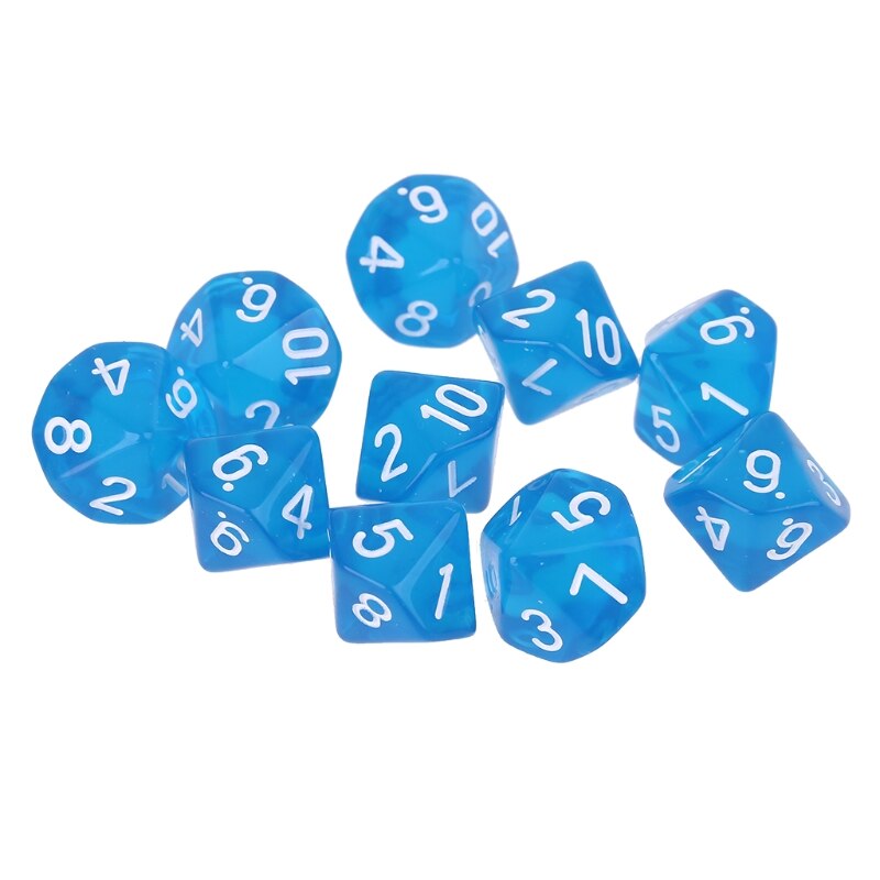 10pcs/set Acrylic Polyhedral Dice Transparent Colors 10 Sided Dices Table Board Playing Game for Bar Pub Club Party D0LB: light blue