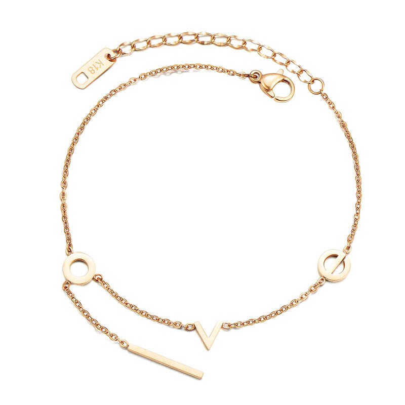 18KGP – bracelet de cheville en acier inoxydable pour femme, couleur or Rose, breloque, amour, lettre, , 316L