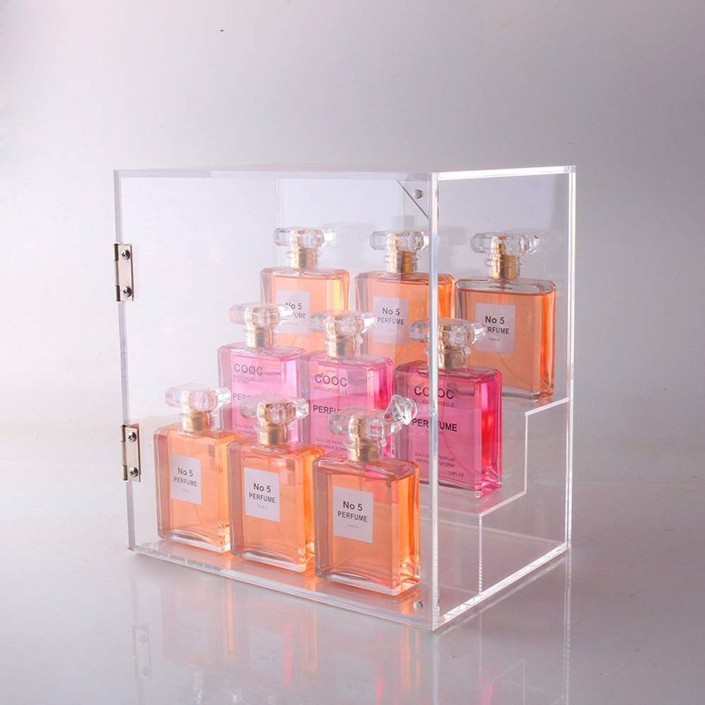 LUGUNU Collection Case Perfume Exhibition Box 3 Steps Acrylic Riser Display With Door Cosmetic Storage