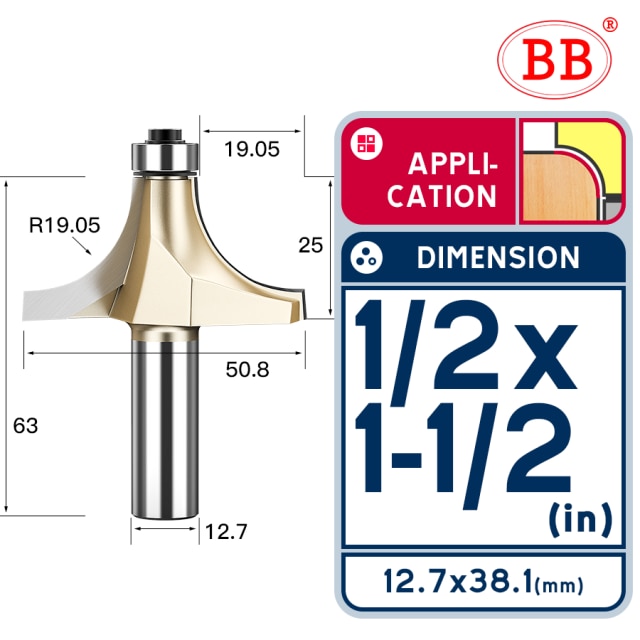 BB Corner Rounding Router Bit Concave Milling Cutter with Parallel Shank 1/2 1/4 Inch Woodworking Tool Round Edge Trimmer: 1-2x1 1-2