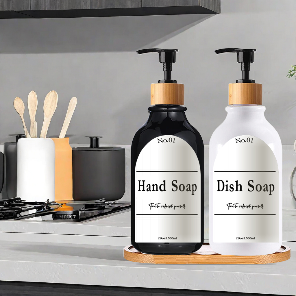 Dispensador de jabón con bandeja de bambú para cocina, baño, decoración de fregadero, botella de jabón para champú, acondicionador, lavado de cuerpo, dispensador de lavado de manos