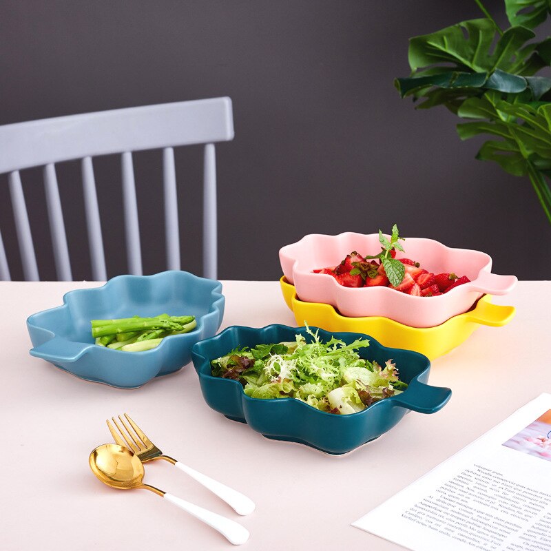 Baking Large Baked Rice Baking Plate Salad Bowl Dim Sum Baking Bowl Stripe Christmas Leaf Plate Ceramic Tableware