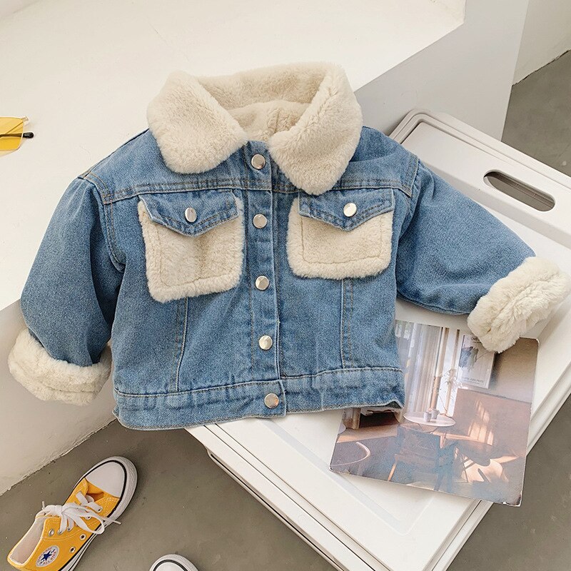 Baby Jungen Mädchen Dicke Warme Denim Jacke Winter Turndown Kragen Tasche Fleece Futter Kinder Herbst Kleidung Oberbekleidung Tops: 5T