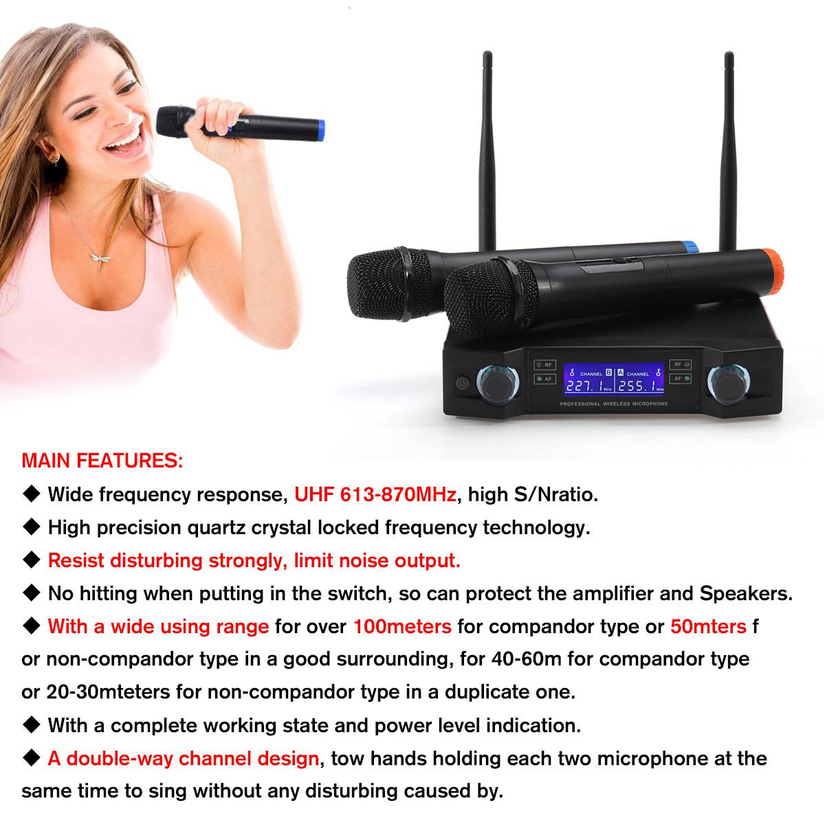 Dual Wireless Microphone System 2 Channel UHF Dynamic Handheld Mic Karaoke Party Stage Performances
