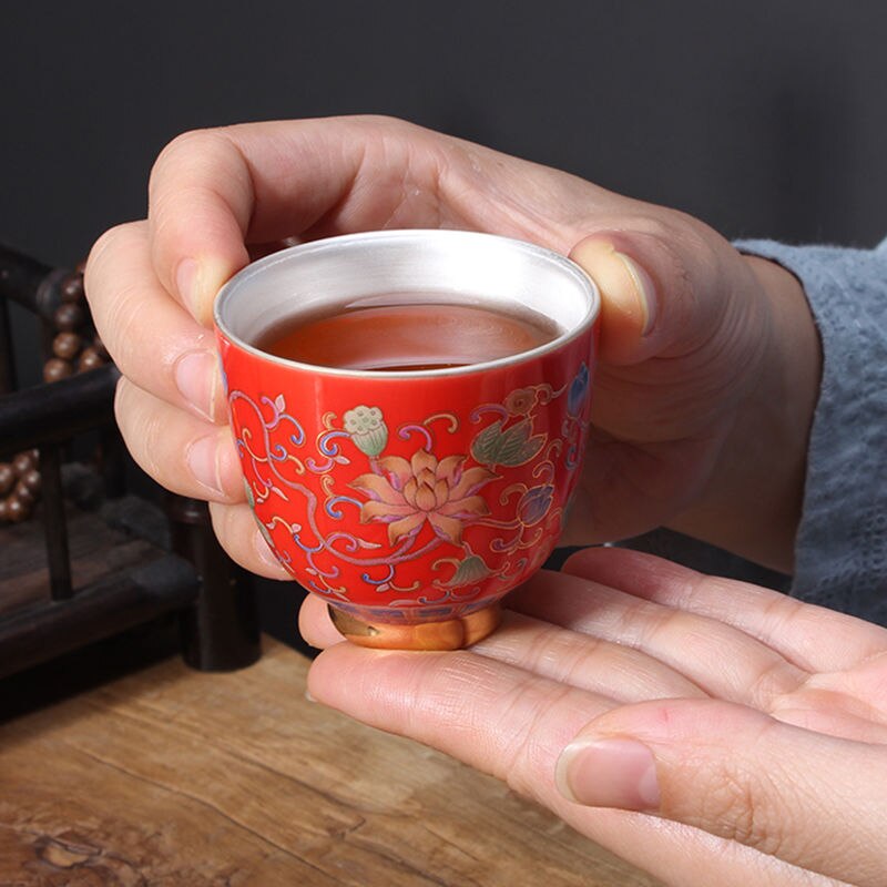 Tasse à thé à Double fond de 65ml, bols à thé de style chinois, tasse en céramique, revêtement interne argenté, tasse impériale asiatique, beau service à thé