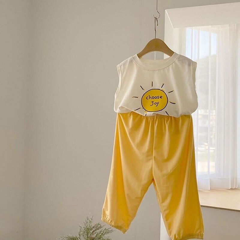 2022 Kid Aankomst T-shirt Peuter Jongens Cartoon Zon Brief Print Mouwloze Tops Baby Meisje Mode Schattige Eenvoudige Katoenen Vest