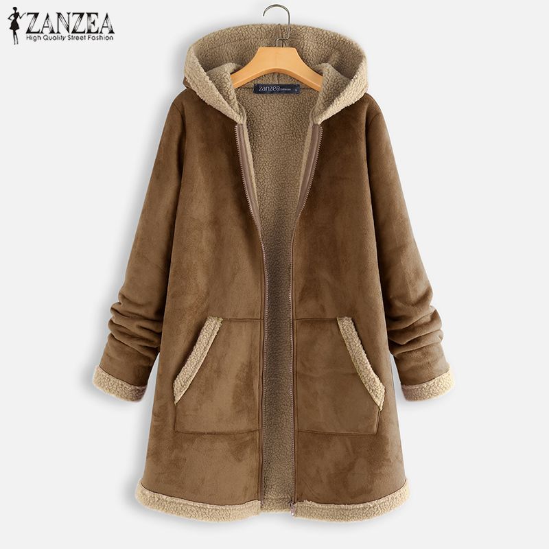 Plus Größe ZANZEA Winter Reißverschluss Vlies Jacken Frauen Jahrgang Feste Kapuze Langarm Warme Mäntel Mäntel Femme Outwear
