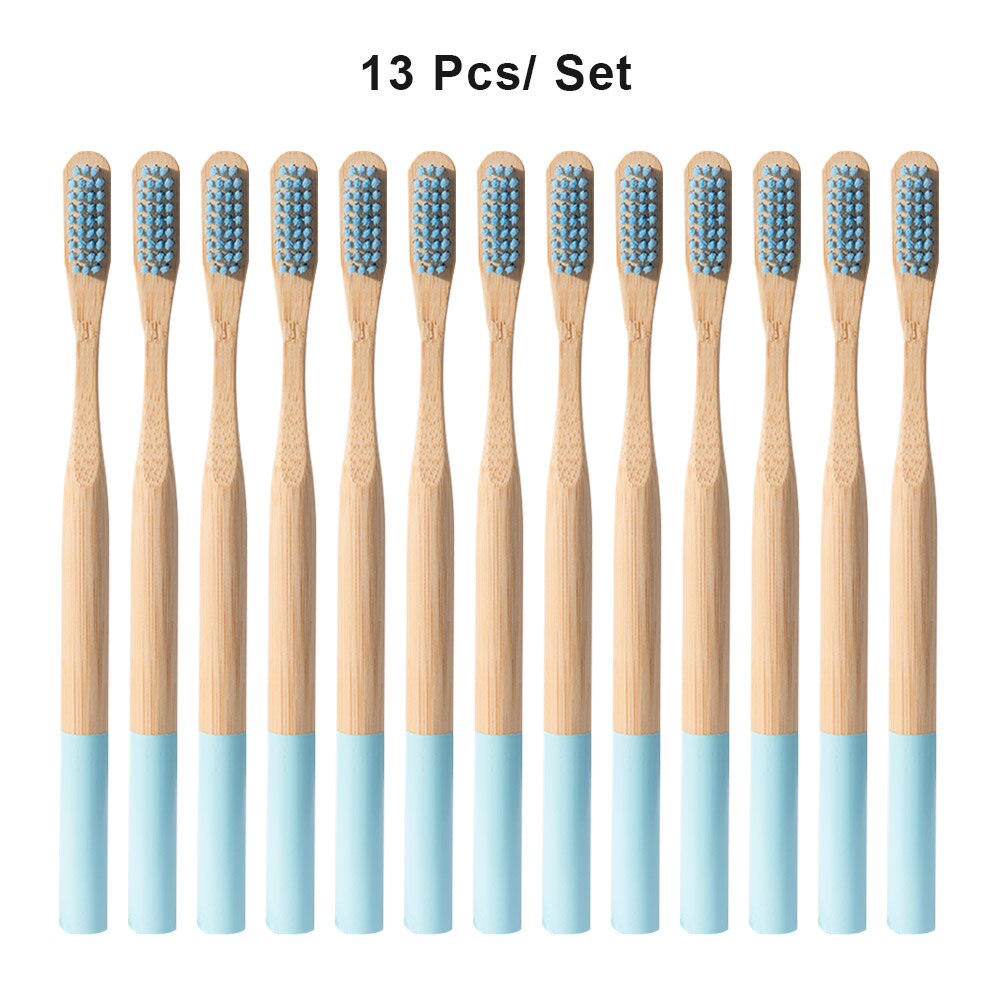 Miljövänligt trä regnbågtandborste bambu 12/13 st tandborste bambufiber träskaft tandborste blekning färgglad: 13 st ljusblå