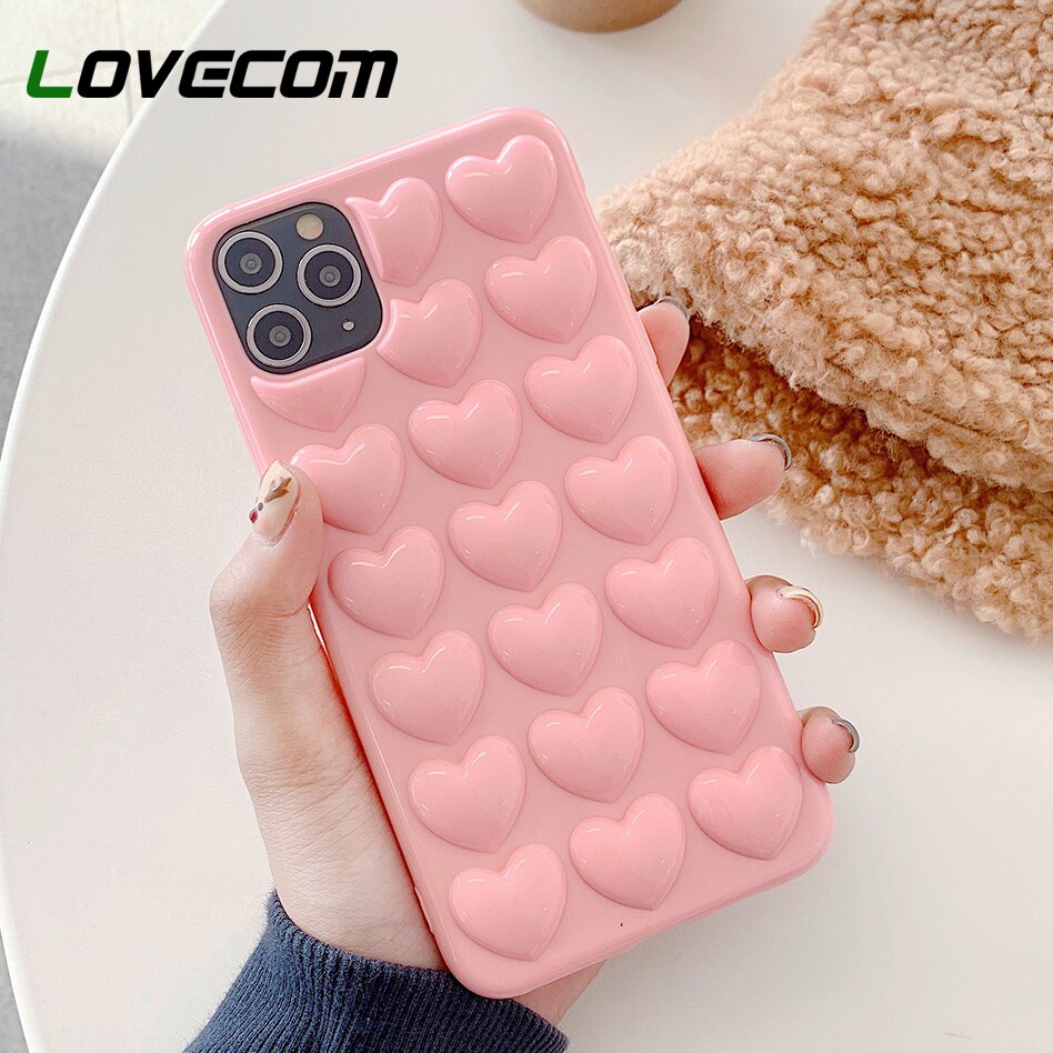 Lovecom 3D Hart Telefoon Case Voor Iphone 11 Pro Max Xr Xs Max 7 8 6 Plus Case Soft tpu Candy Kleur Telefoon Cover Met Lanyard