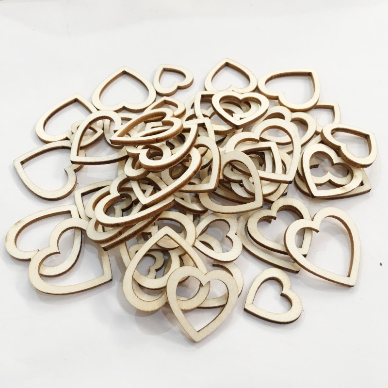 100pcs 10-30mm hollow love heart wood DIY wood chips DIY wedding for scrapbook handmade diy crafts wood carving home decorations