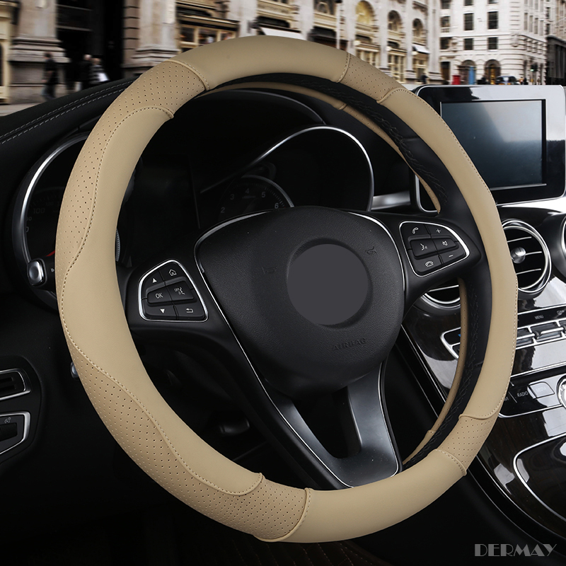DERMAY Sport Style Contrast Color Non-slip Sweat Good Breathable PU Leatherette 15 Inch Car Steering Wheel Cover