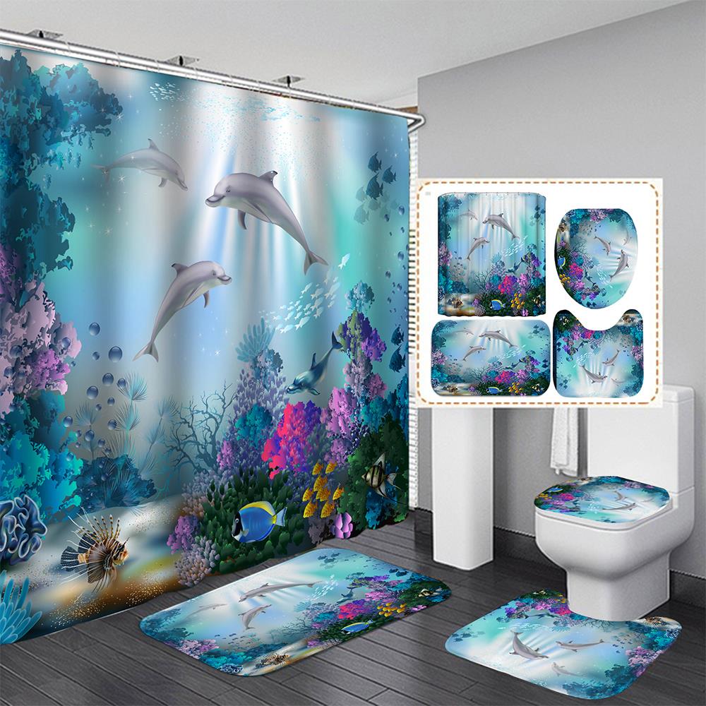 Ocean Dolphin Toilet Seat Waterproof Shower Curtain Set Toilet Cover Non-Slip Comfortable Bathroom Mat Bath Decoration