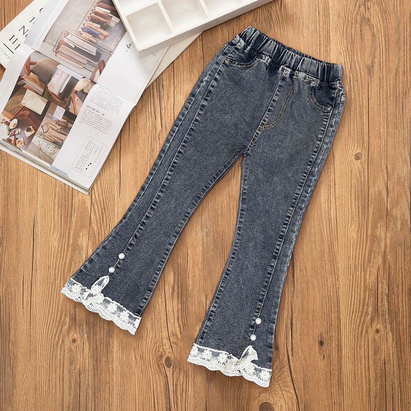 Jeans pour filles printemps et automne décontracté 3-12 ans pantalons évasés amples pour enfants dentelle perle pantalons en Denim pour filles: Black / 4T