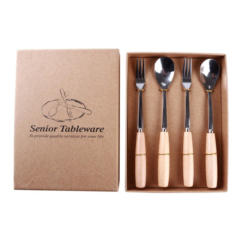 Couverts de luxe couverts en acier inoxydable | Poignée en bois, service de vaisselle de fête à la maison, couteau fourchette cuillère paquet: 4PCs