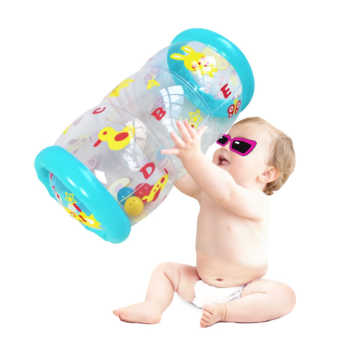 Babyassisteret kravletræning rulletræning spædbørn oppustelig rulleøvelse tidlig læring småbørn stimulation vækstcylinder