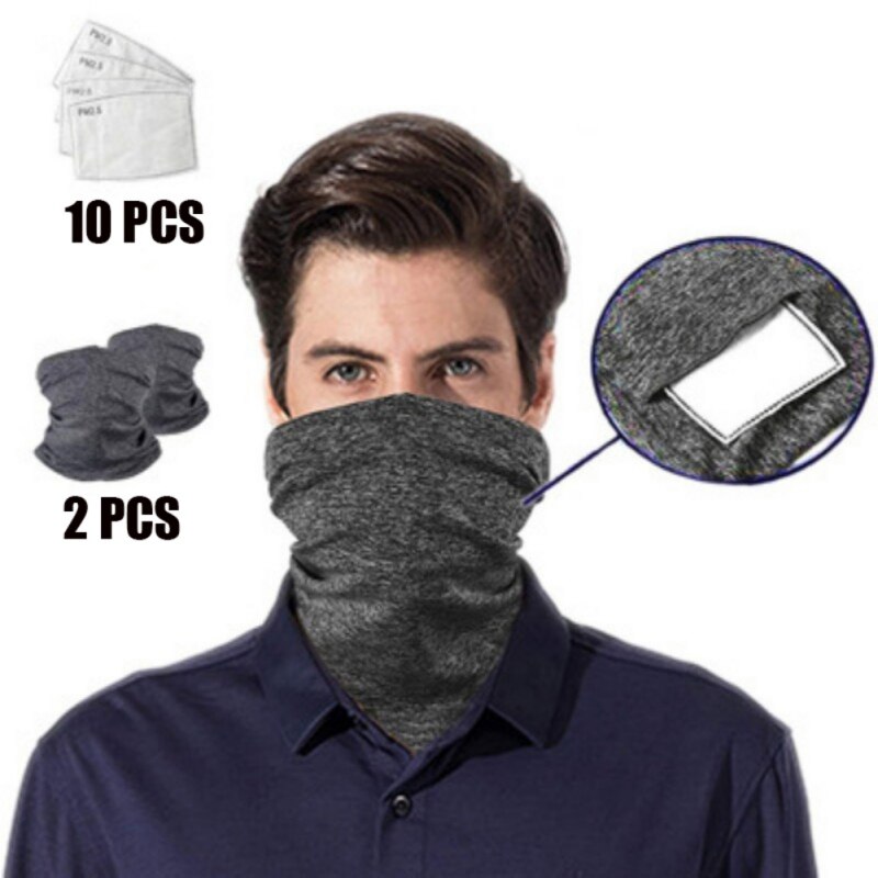 2 stk multifunktionelle bandanas unisex ansigtsdæksel, der kan vaskes mod støv udendørs / festivaler / sportsbib tørklæde med 10 filtre: Mørkegrå
