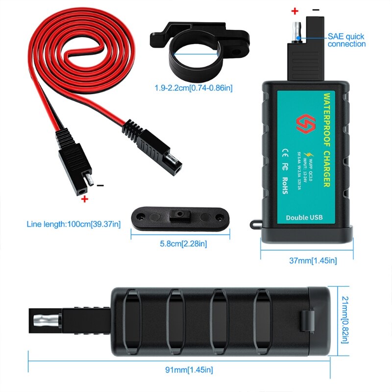 Schwarzes 1422- c- 2 -sae-steckdosen-doppel-usb-ladegerät mit motorrad-sicherheitsschutz und energiesparendem handy-aufladungsgerät  t84d