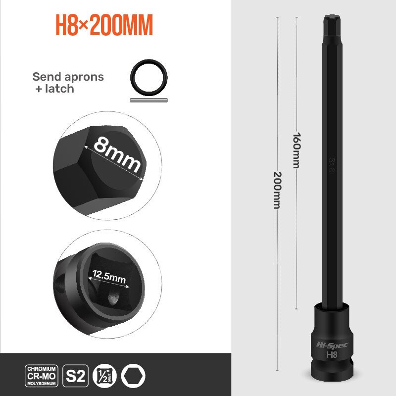 Hi-Spec 200MM Extended Socket Sets 1/9pc Hexagon Socket Length Adapter 1/2" CR-MO Hex Head Screwdriver Bits H4-H19 With Magnetic: H8