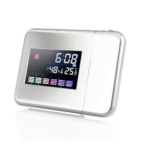 Digital LCD Projection LED Display Alarm Clock Weather Snooze Function Temperature Thermometer Humidity Table Clock Decor: White-1-5min project