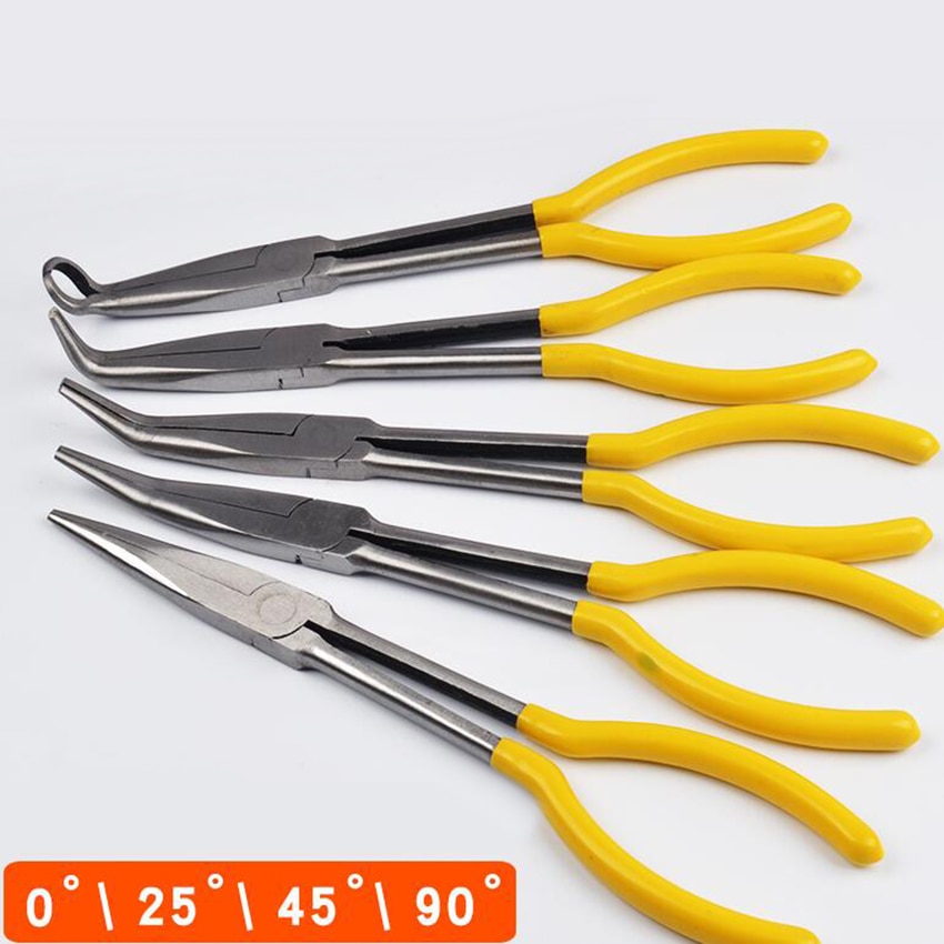 280mm Extra larga pinzas alicate de punta doblada herramientas de reparación manual O en forma de punta de RepairingTool 0/25/45/90 grado curva alicates
