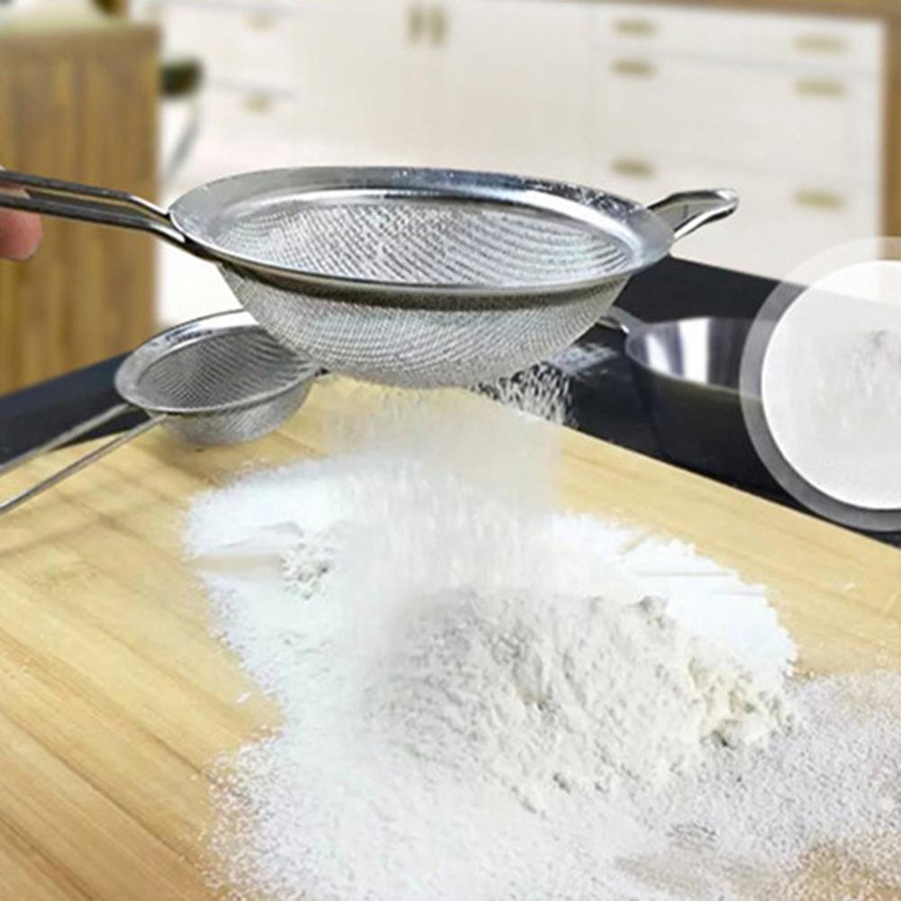 Tamiz de harina de mano con mango de acero inoxidable, herramienta de horneado con filtro Manual de celosía de aceite tipo múltiple