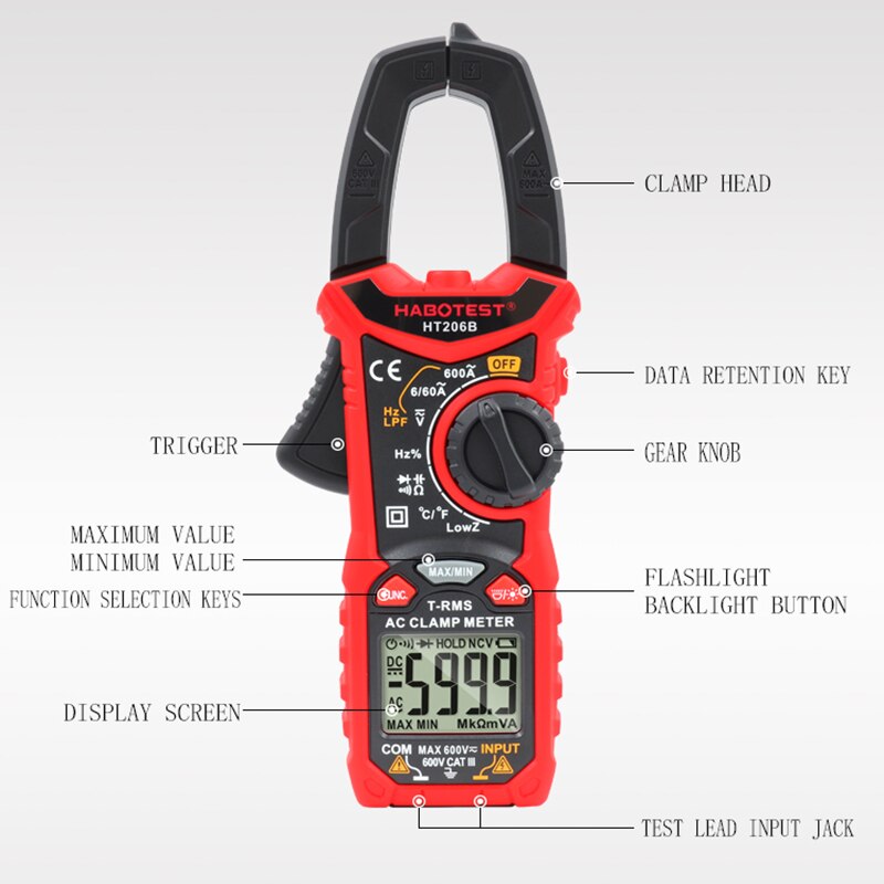 Digital Clamp Meter AC DC Pliers Ammeter Current Clamps NCV True RMS Capacitance Battery Tester Voltmeter 6000 Counts HT206