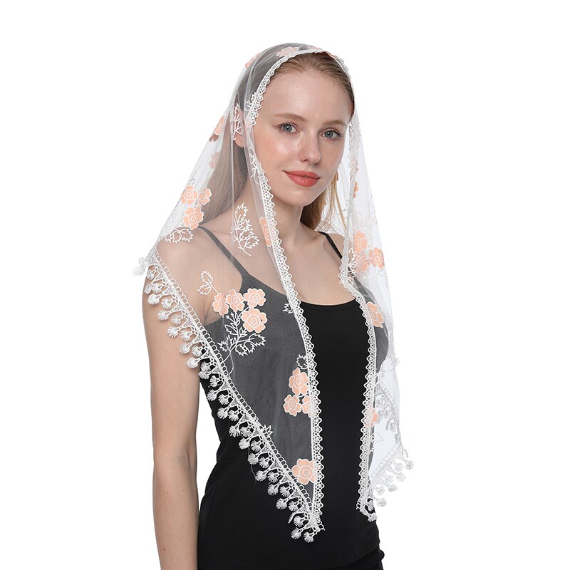Lenço feminino triangular xale de renda para igreja, véu transparente bordado espanhol de renda para igrejam