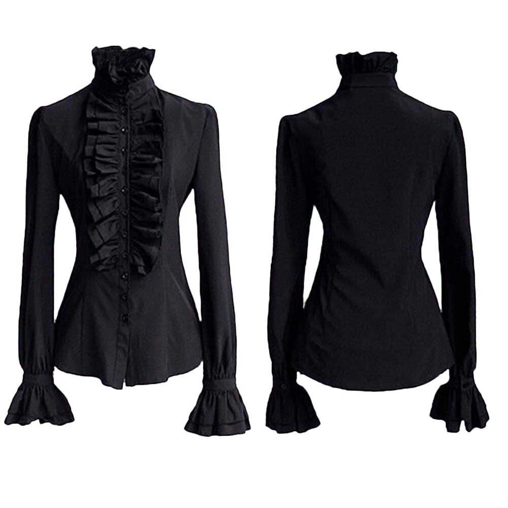Women Retro Blousers Ruffles Lolita Floral Stand Collar Shirt Medieval Blouses Gothic Lolita Blouse Victorian Women Ladies Shirt: Black / M