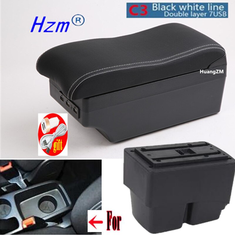 For Ford Fiesta Armrest box For Ford Fiesta MK7 central Store Centre Console box with USB LED light: C3 style white lines