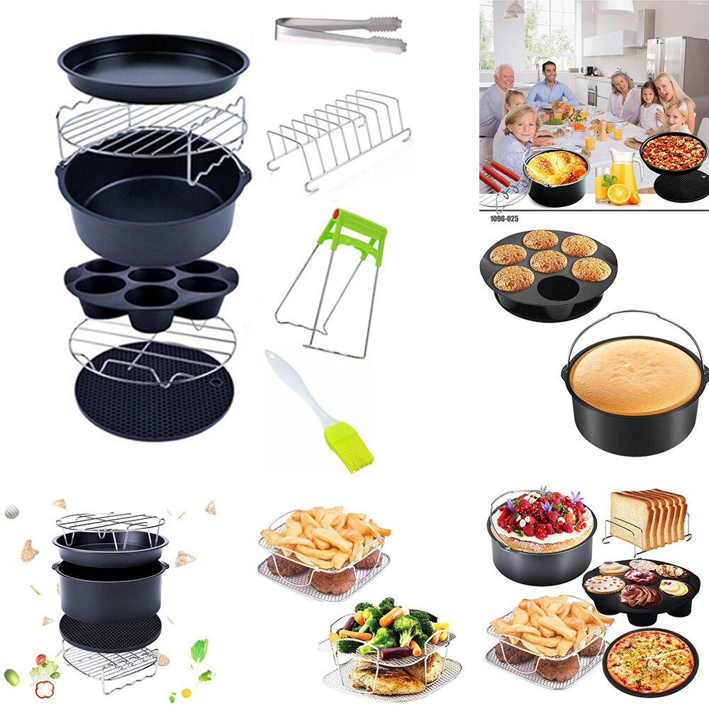 10Pcs/Set Air Fryer Accessories 6/7/8 Inch Fit For Airfryer Baking Basket Pizza Plate Grill Pot Kitchen Cooking Tool 5.2-6.8QT