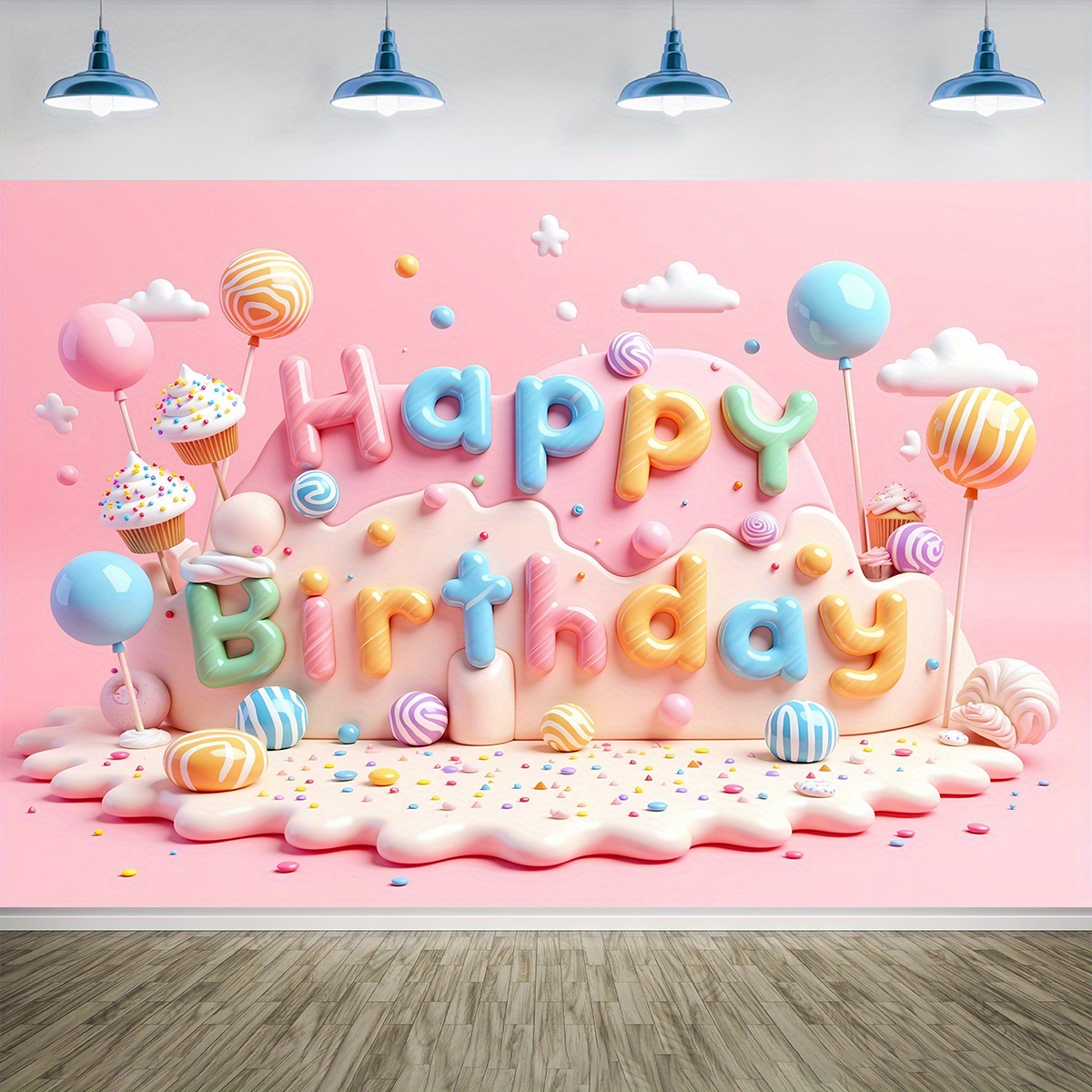 Fondo de tela Feliz cumpleaños decoración de pared banner banner con globos, dulces y pasteles rosa claro