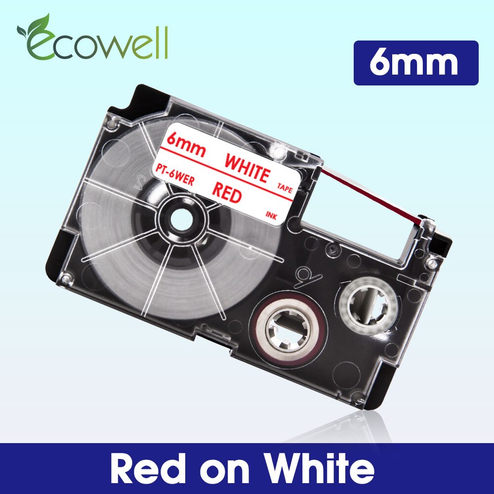 Ecowell 6mm taśma do Casio XR-6WE XR-6X XR-6RD XR-6BU XR-6YW XR-6GN taśma z etykietami XR-6SR XR-6GD dla Casio KL-60 KL-120 drukarka do etykiet: Red on White