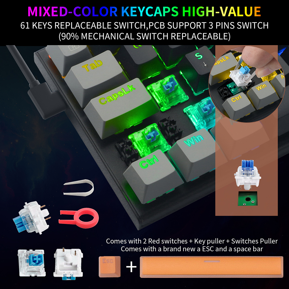 ! 61 Keys Mechanical Keyboard Game Keypad RGB Backlight Type-C USB Wired Waterproof 60% PC Gaming Keyboard for PC