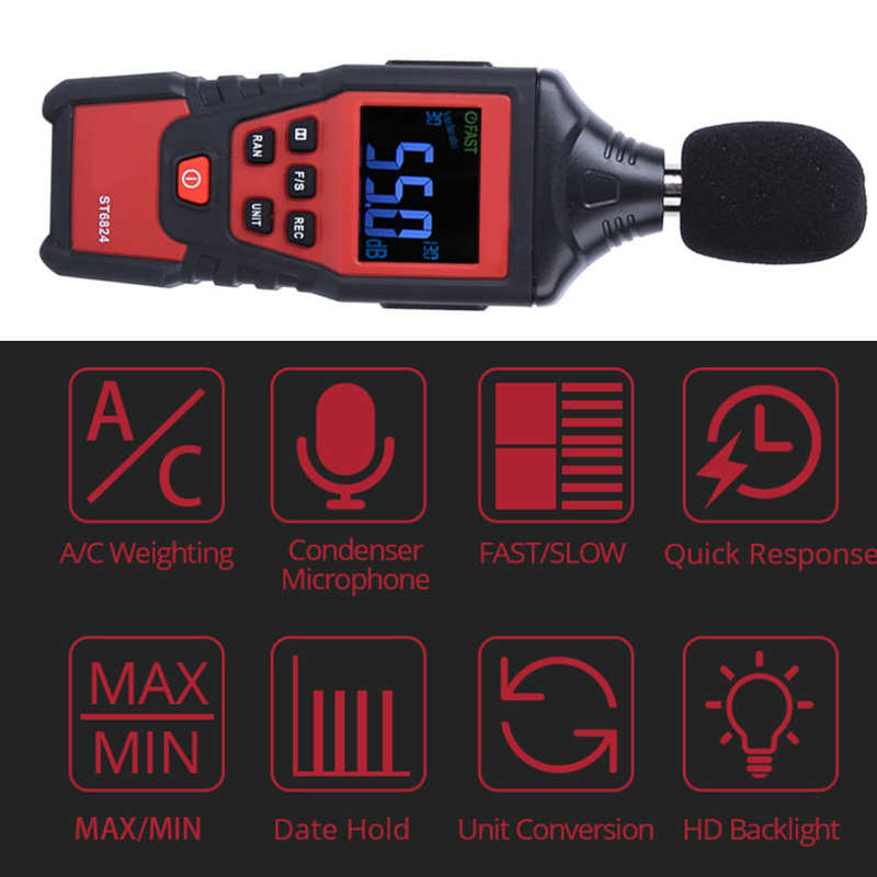 Decibel Meter ST6824 Digital Sound Level Meter Voice Tester Noise Decibel Monitor Meten 30-130dB Sound Level Meter