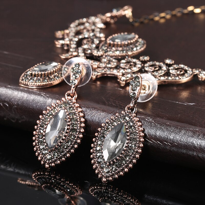 Kinel Luxe Grijs Kristal Bloem Vrouwen Oorbel Ketting Vintage Sieraden Sets Goud Kleur Turkse Strass Bruiloft Sieraden