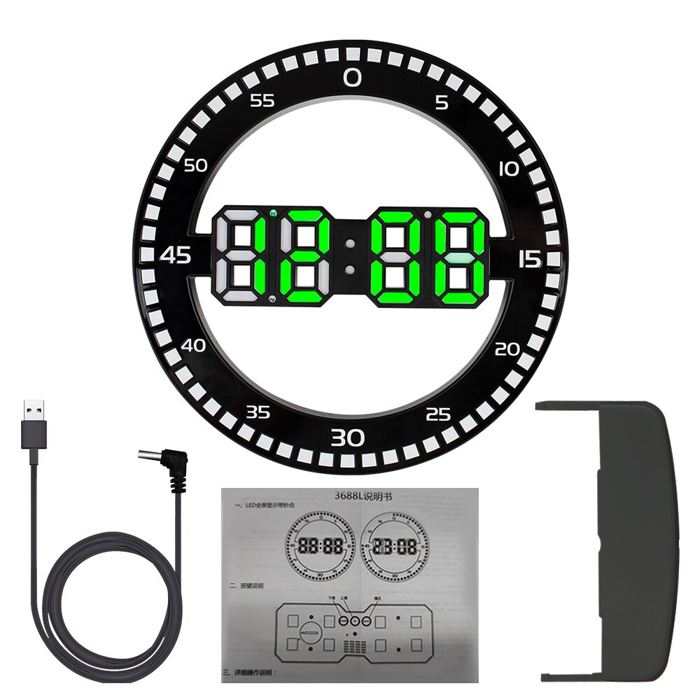 Led Wandklok Temperatuur Thermometer Voor Woonkamer Home Decoratie 3D Digitale Circulaire Lichtgevende Stil Alarm Met Kalender: Black and Green LED