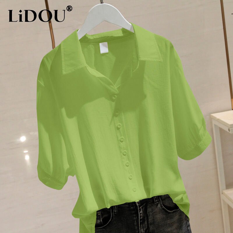 Summer Korean Solid Lapel Buttons Simple Oversized Short Sleeve Shirt Female Loose Casual Fruit Green Blouse Blusas