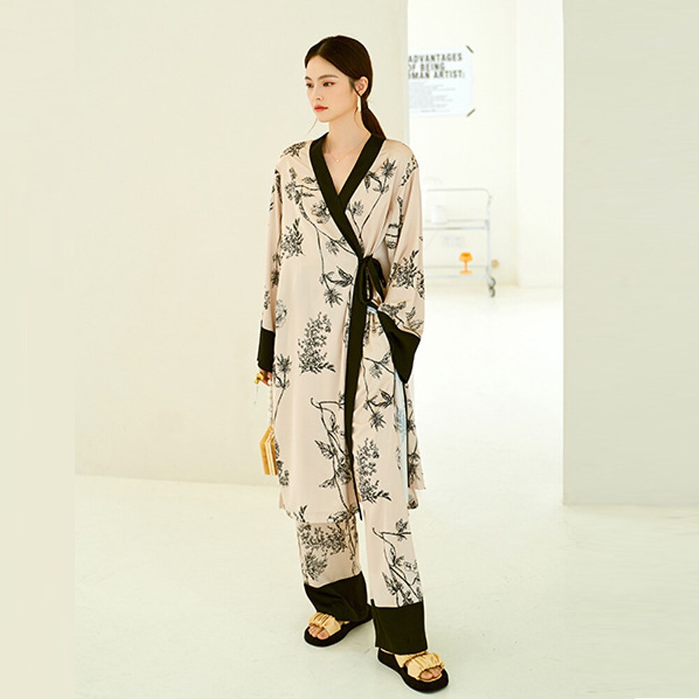Pyjama en Satin de soie pour femmes, ensemble 2 pièces, imprimé chinois, Kimono, vêtements de nuit pour femmes, vêtements de détente, manches longues, chemise de nuit