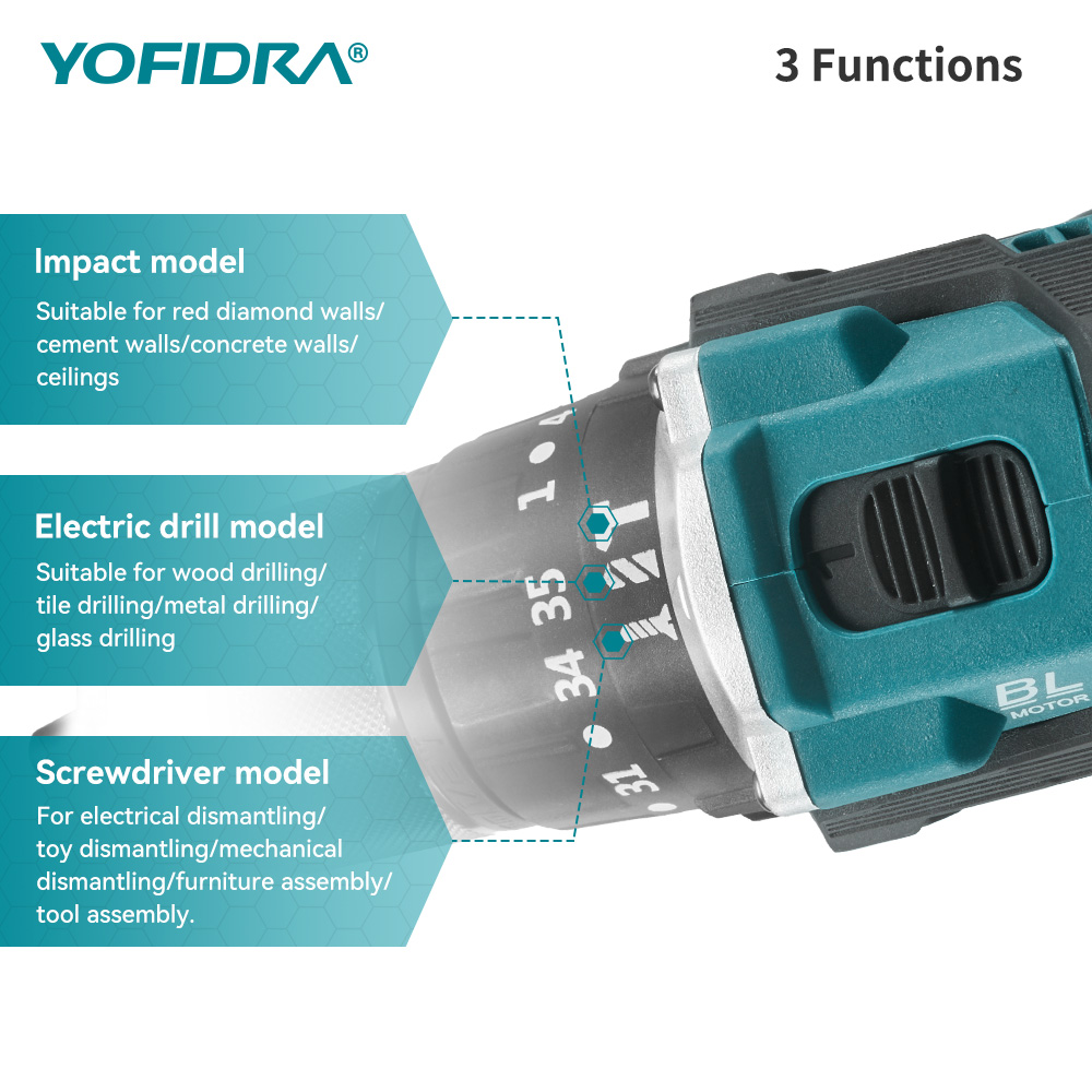 YOFIDRA 13mm 35 + 3 Drehmoment Bürstenlosen Elektrischen Schlagbohrmaschine Akku-Effiziente Elektrische Schraubendreher Werkzeug Für Makita 18V-21V Batterie