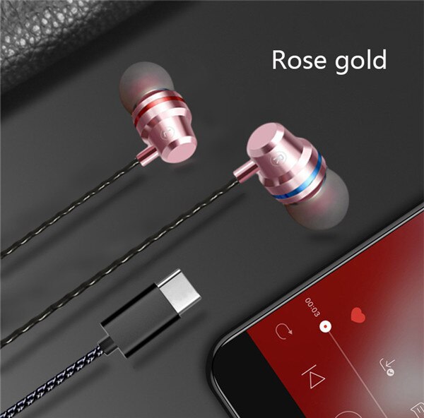 Type C Earphone Dynamic Drive HiFi USB-C Earbuds In-ear Bass Metal Sport Gaming Headset with Mic for Xiaomi Huawei HTC Samsung: Pink