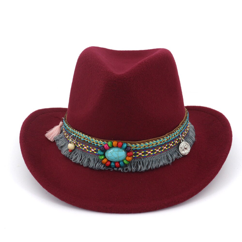 Kvinder uld vestlige cowboy hat med kvast bånd bred kant rand hat hat sombrero hombre hat: Rødvin