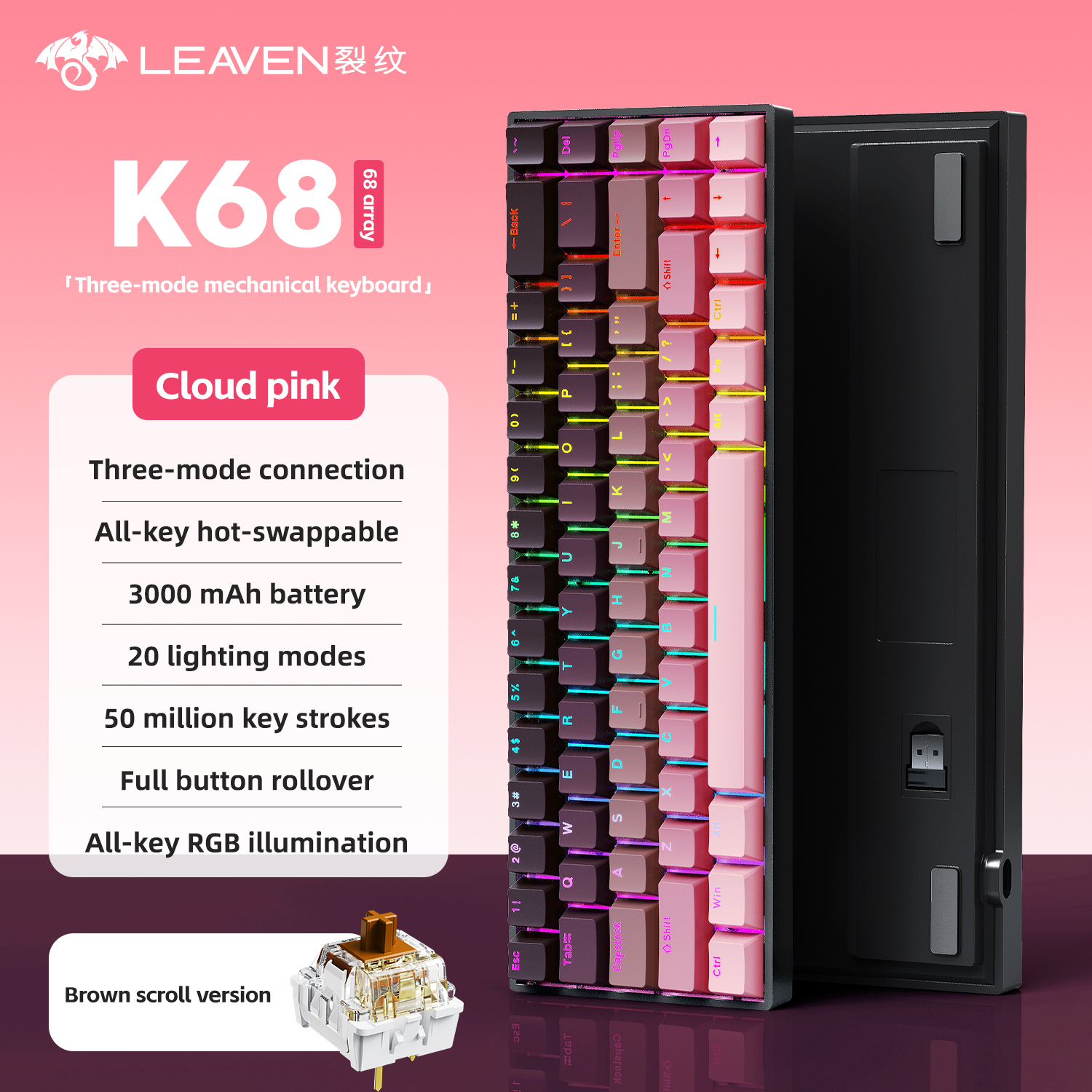 K68 68-toetsen draadloos mechanisch toetsenbord Tri-mode-verbinding, Full Key Swap, RGB-lichteffecten, pakkingdemperstructuur, L: Roze / Rode schakelaar