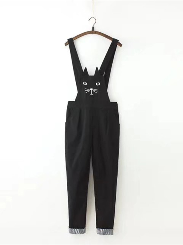 Japanischen Stil Kawaii Katze Stickerei Übergröße Schwarz Gesamt Gerollt Saum Denim Overall Für Frauen Combinaison Jeans Femme: XL