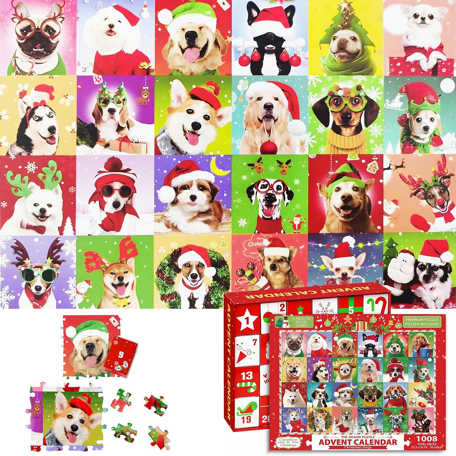 Advent Christmas Puzzles Cute Puppy Dogs for Kids Boys Girls 24 Days Countdown Calendar Jigsaw 1008 Pieces Xmas