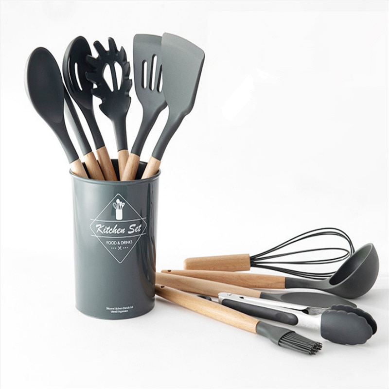 9/11/12 st silikonset matlagningsredskap set non-stick spatel spade trähandtag matlagningsredskap set med köksredskap förvaringslåda