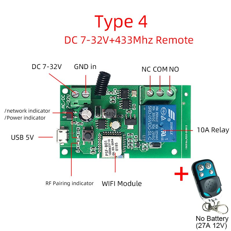 Ewelink wifi switch  dc 5v 12v 24v 32v inching/self-locking wireless relay smart home automation døradgang fjernbetjening: Type 4 med 433 mhz