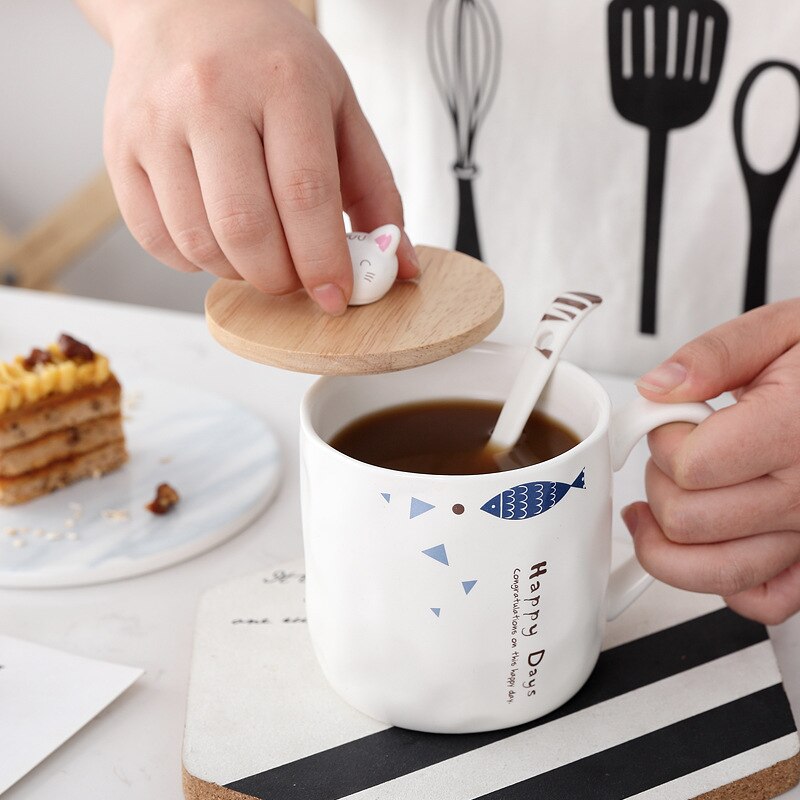 Japansk stil sød enkel tegneserie kat og fisk mærke keramisk krus med ske & dæk sæt morgenmælk krus